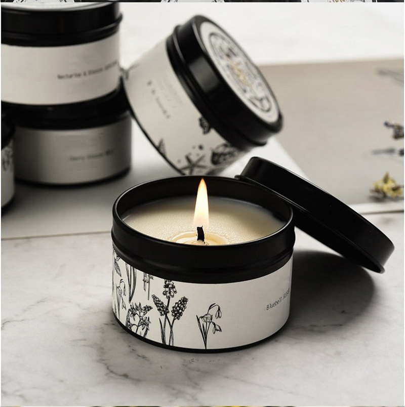 Wholesale personalized hot selling scented black travel candles tins with decal printing and private label